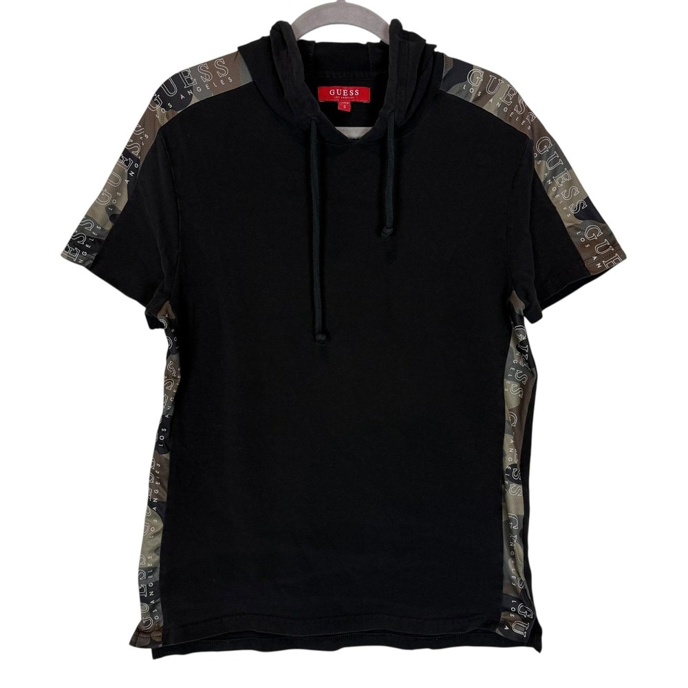 Guess Shirt Mens Small Black Short Sleeve Hoodie‎ Camo Logo Tape Pullover